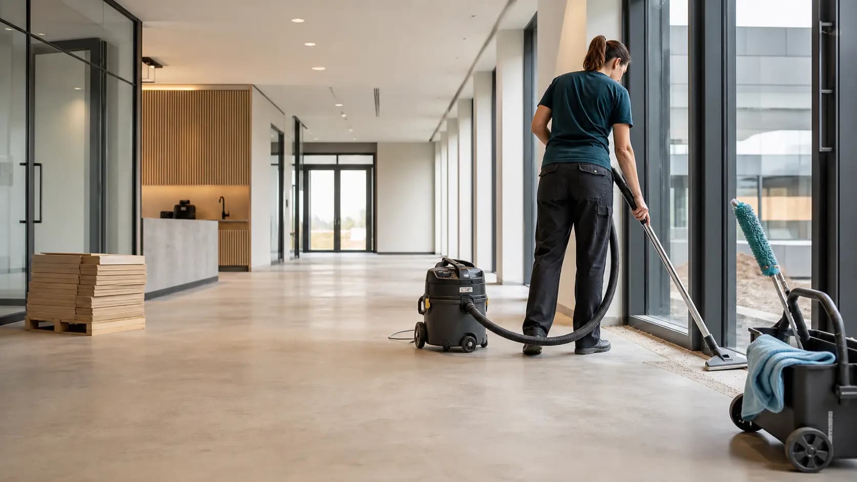 Reinigungskraft bei der Endreinigung einer fertiggestellten Gewerbefläche