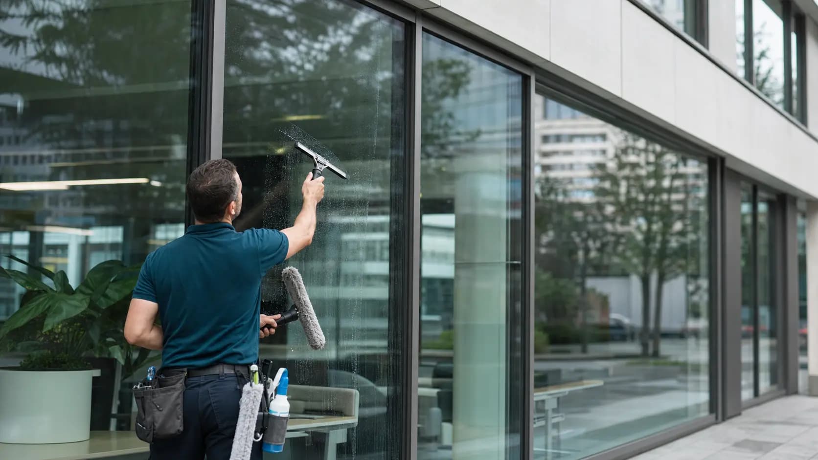 Professionelle Glasreinigung an einer großflächigen Gewerbefassade