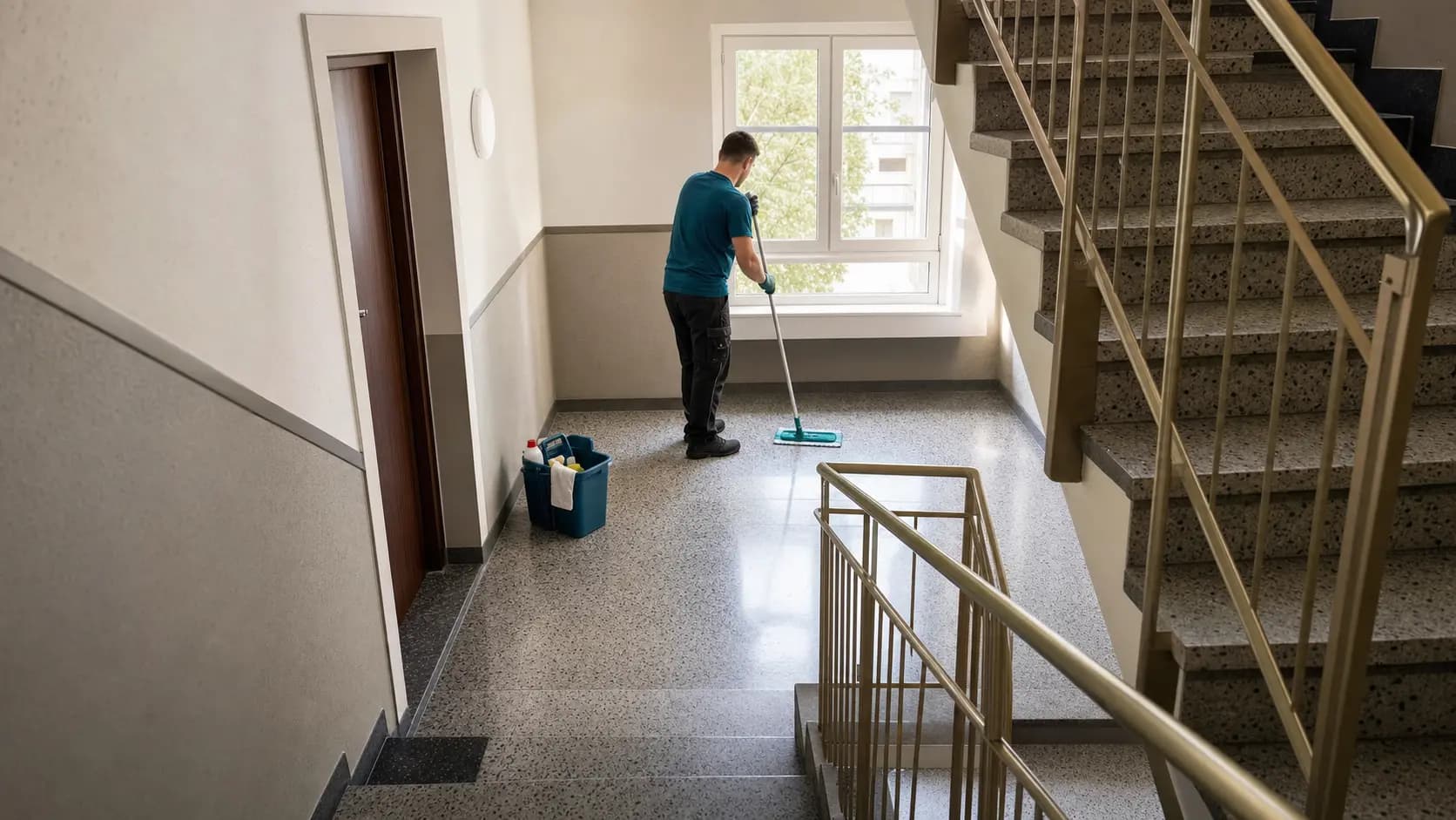Reinigungskraft bei der Pflege eines Treppenhauses mit Terrazzoboden