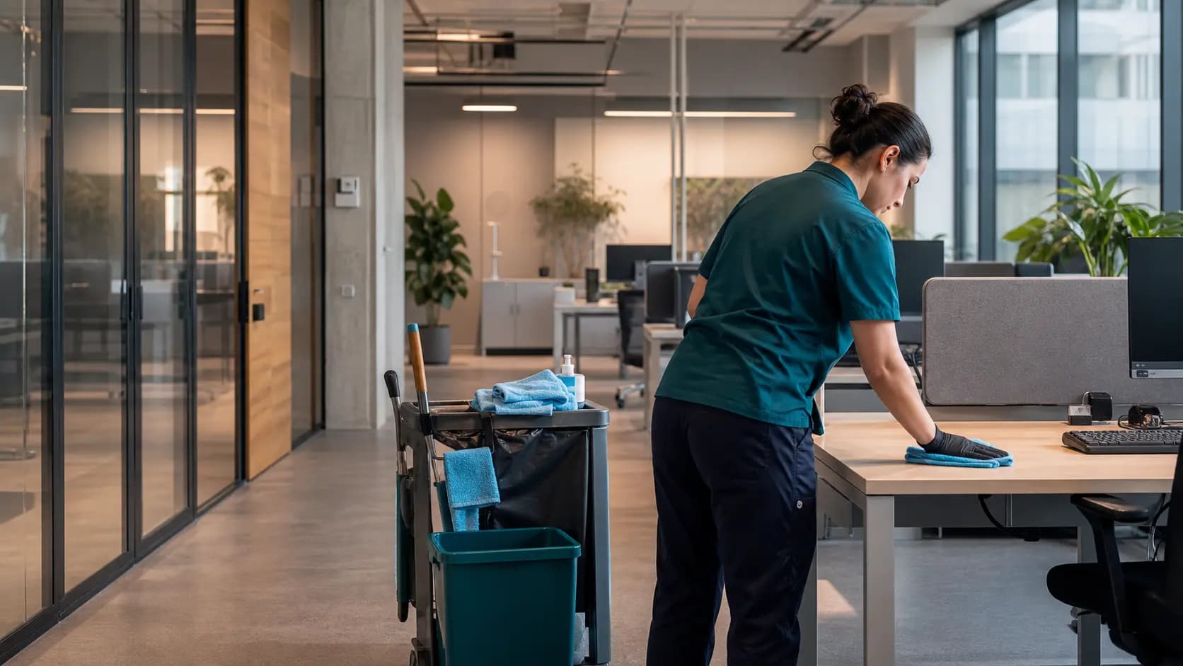 Reinigungskraft bei der Unterhaltsreinigung in einem modernen Büro
